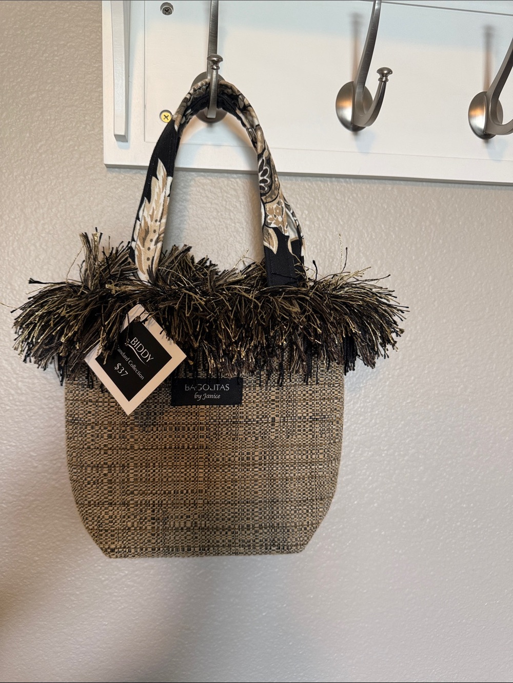 Black & Natural Straw Tined Small Tote with Fringe